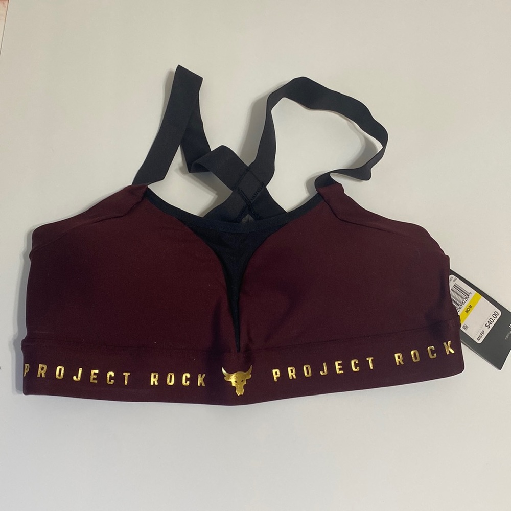 NWT Under Armour Project Rock maroon sports bra with mesh front & back.